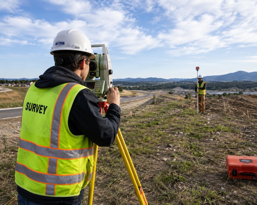 Two professional land surveyors using a total station and prism pole in the field